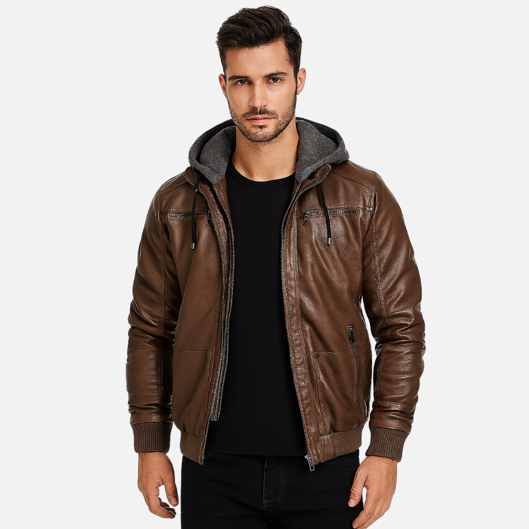 Men's Faux Leather Jacket - Hooded Bomber Jacket