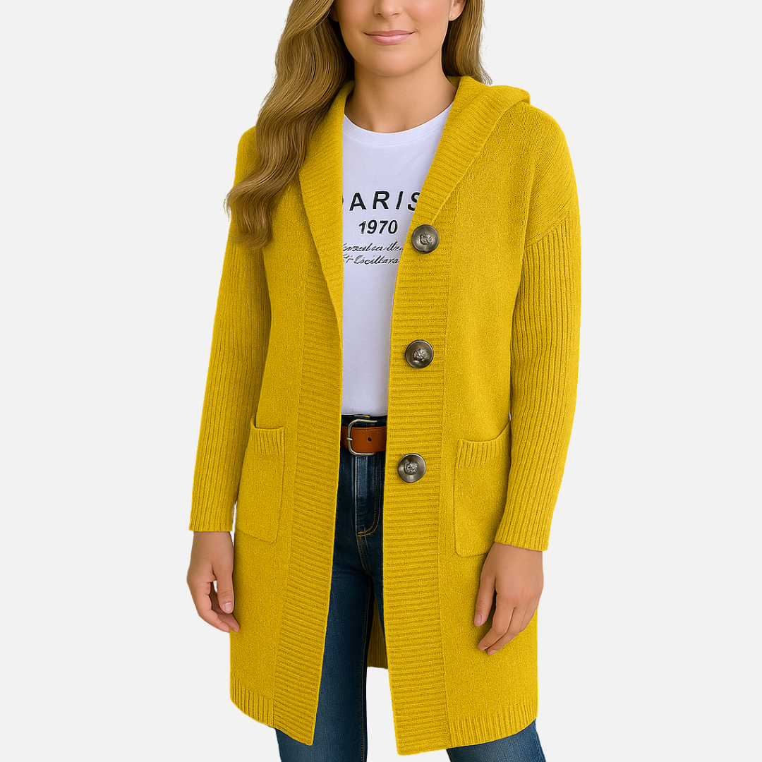 Women’s Long Knit Jacket – Button-Up Hooded Jacket Coat