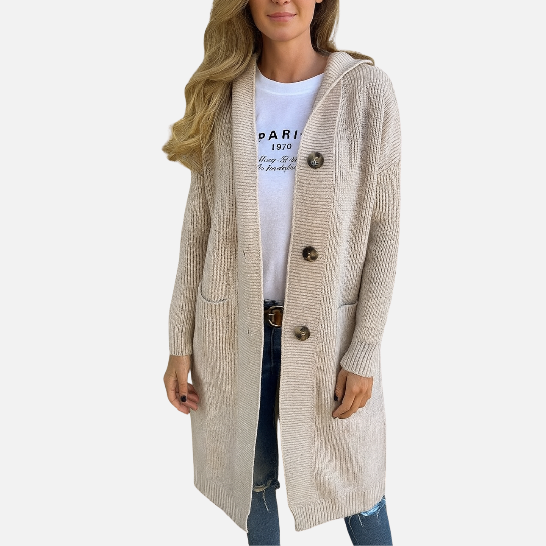 Women’s Long Knit Jacket – Button-Up Hooded Jacket Coat