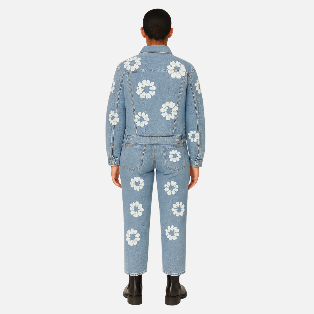 Women's Denim Flowers Outfit – Floral Jacket & Pants Set