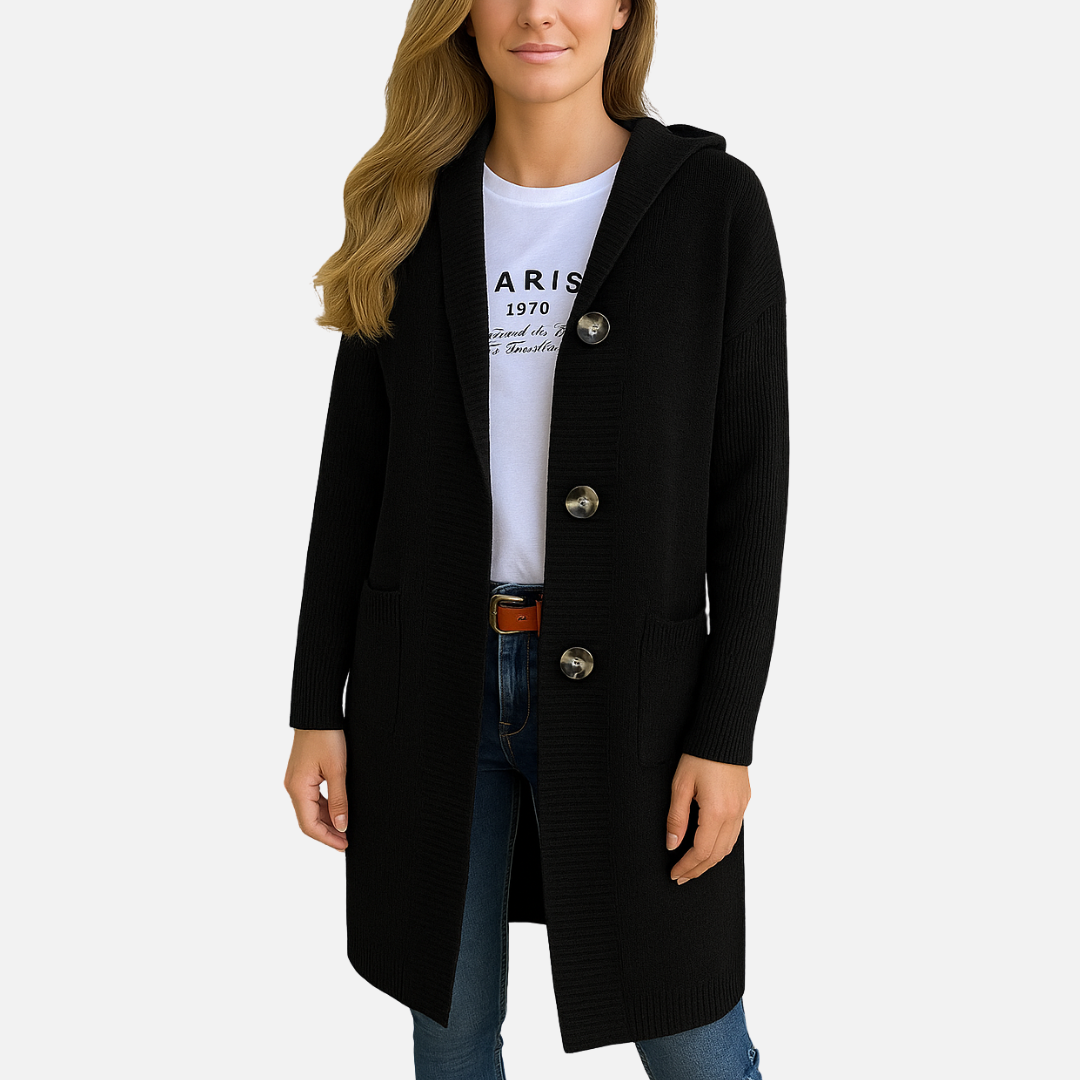 Women’s Long Knit Jacket – Button-Up Hooded Jacket Coat