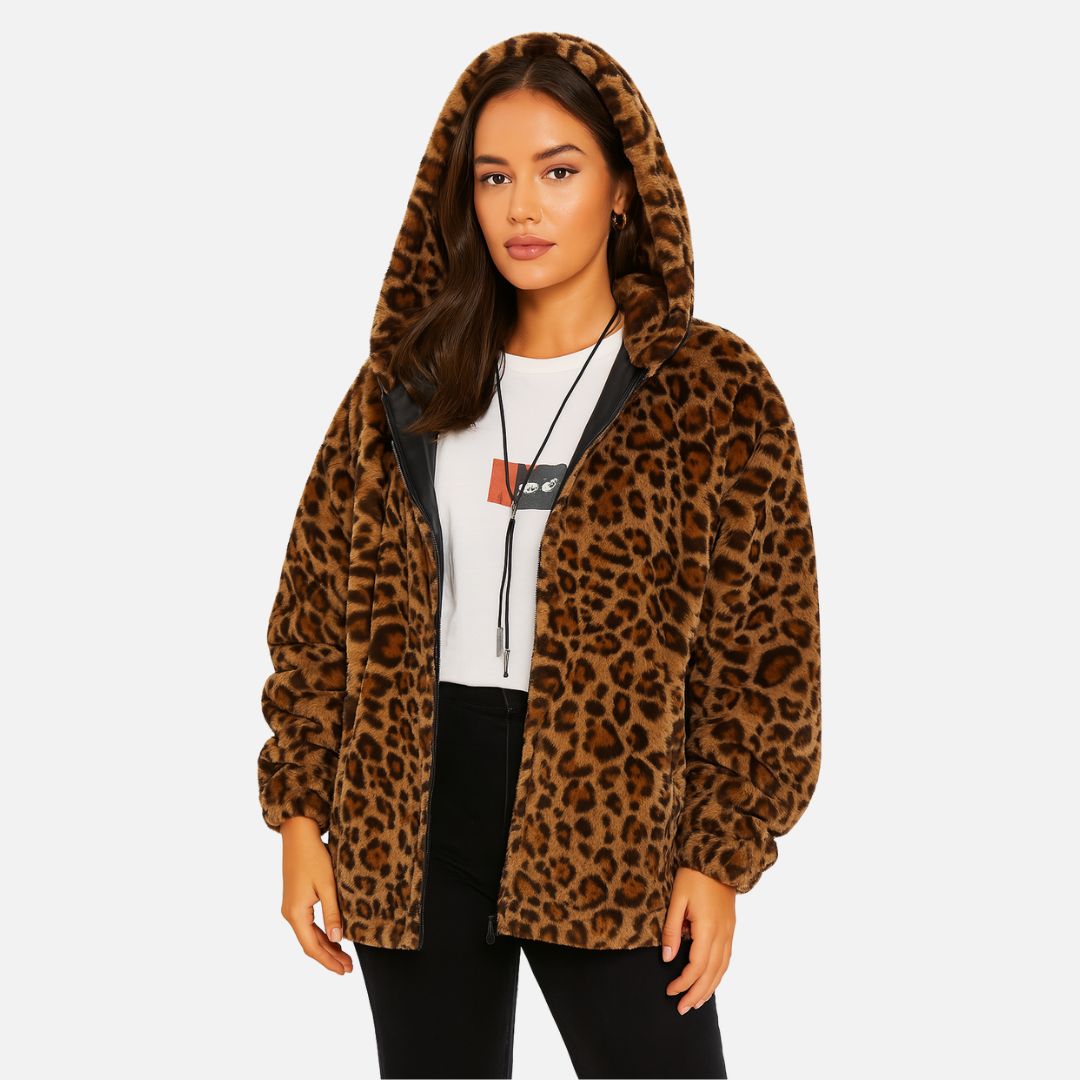 Women’s Warm Leopard Print Jacket – Soft Fleece Cardigan
