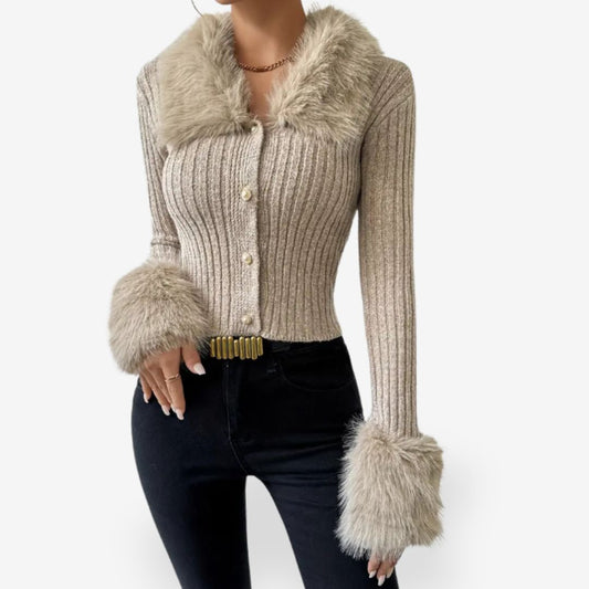 Women’s Knitted Cardigan with Faux Fur Collar Warm