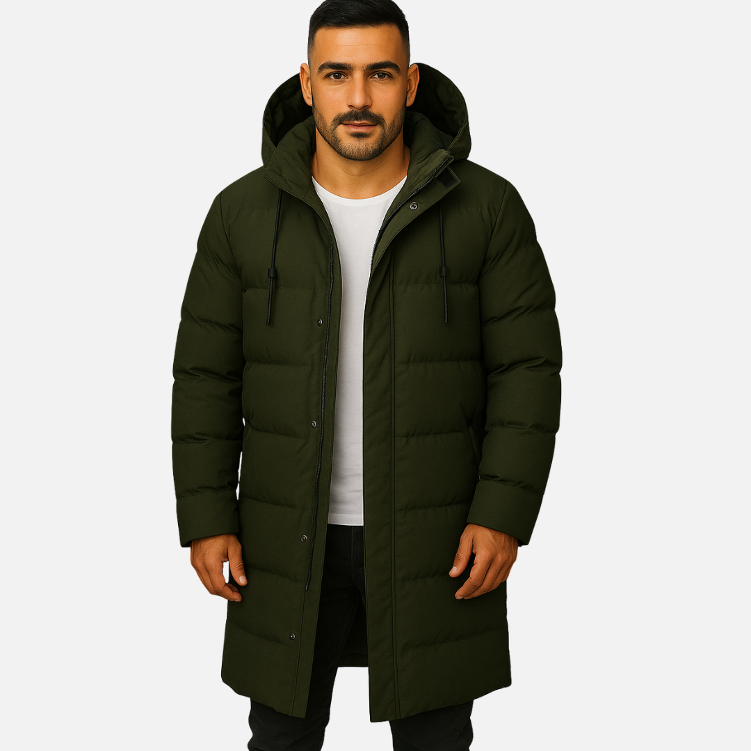 Long Men's Overcoat - Hooded Long Puffer Parka