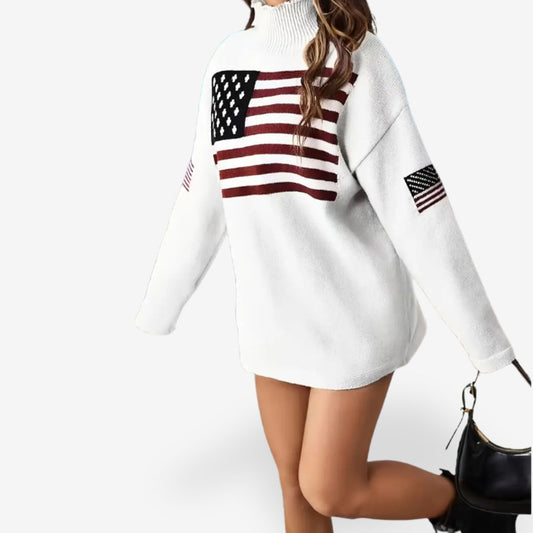 Women's Warm and Oversized American Flag Turtleneck Sweater