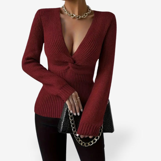 Women's V-Neck Sweater in Red or Beige