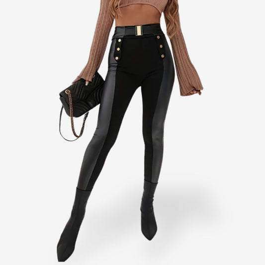 Women’s High-Waisted Faux Leather Pants with Gold Buttons and Belt