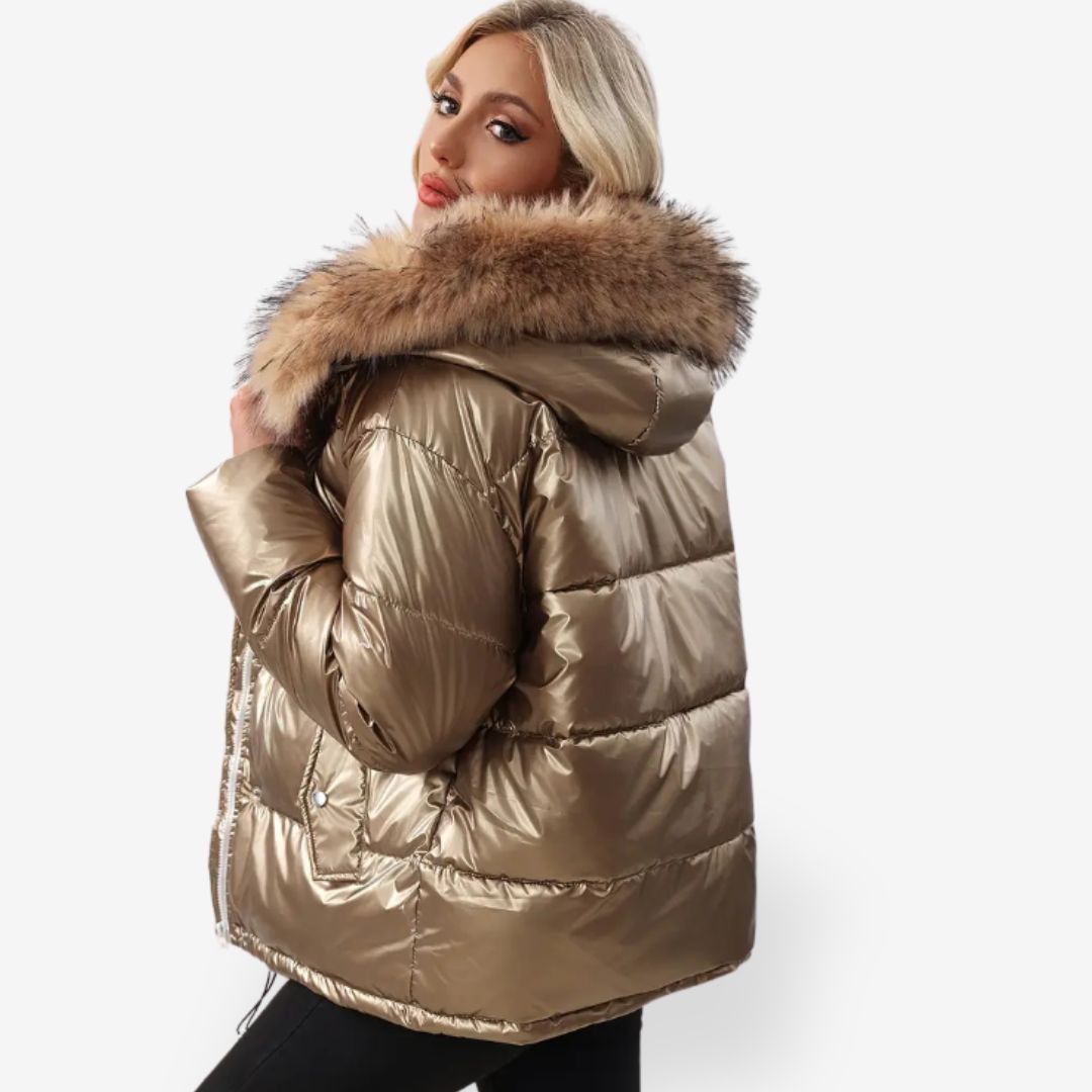 Gold-Colored Women’s Warm Puffer Jacket with Faux Fur Collar