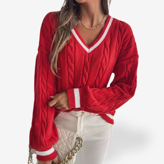 Women’s Red V-Neck Knitted Sweater Warm