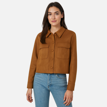 Women’s Soft Cropped Jacket – Soft Button-Up Coat with Pockets