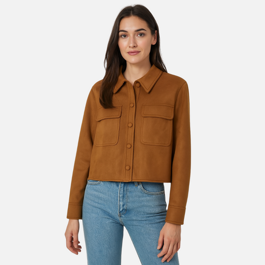 Women’s Soft Cropped Jacket – Soft Button-Up Coat with Pockets