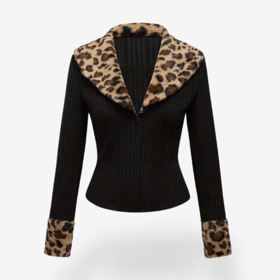 Women’s Panther Print Tie-Front Cardigan with Collar