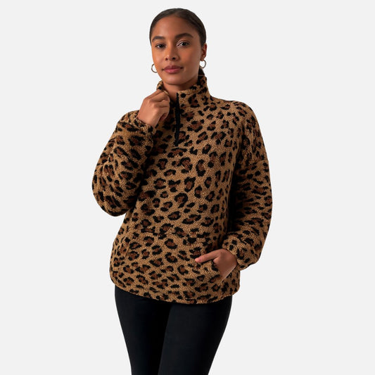 Women’s Leopard Print Half-Zip Sweater – Warm Pullover