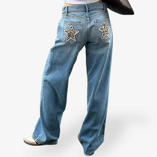 Vintage Style Women’s Denim Jeans with Panther Print Stars