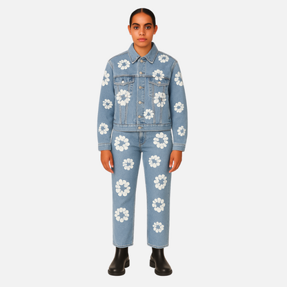 Women's Denim Flowers Outfit – Floral Jacket & Pants Set