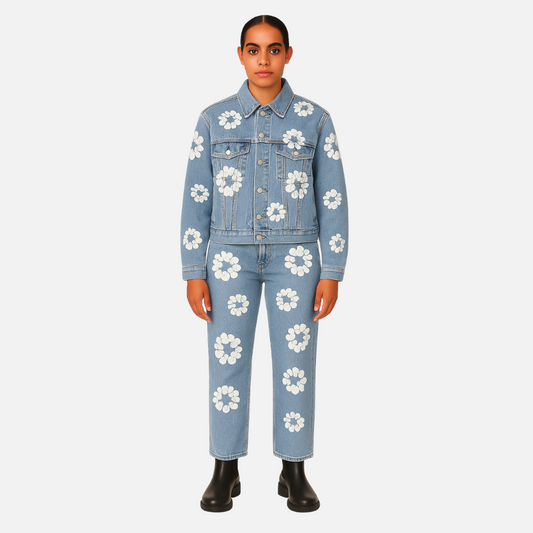 Women's Denim Flowers Outfit – Floral Jacket & Pants Set
