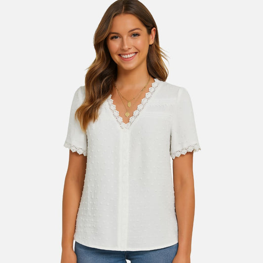 Women's White V-Neck Summer Blouse - V-Neck Shirt