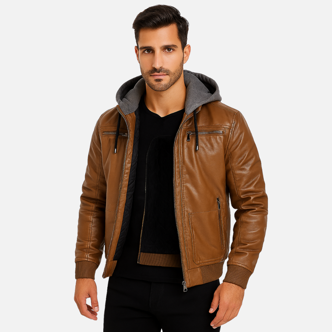 Men's Faux Leather Jacket - Hooded Bomber Jacket