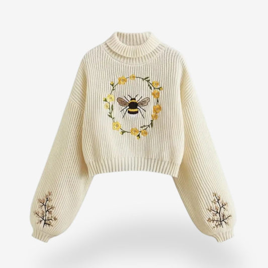 Women's Warm Bee & Flower Embroidered Turtleneck Sweater