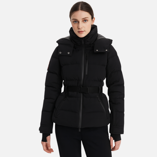 Women’s Black Insulated Parka Jacket – Waterproof Belted Winter Jacket