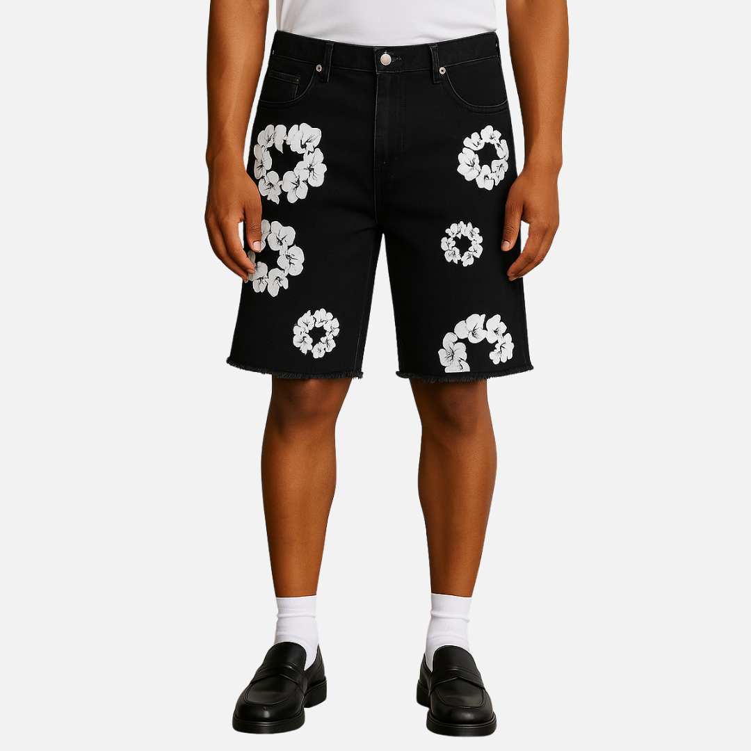 Men’s Denim Floral Shorts - Floral Wreath Shorts