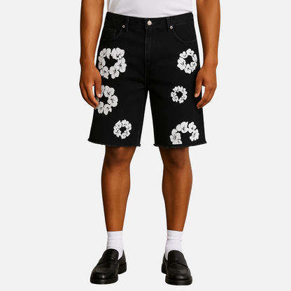 Men’s Denim Floral Shorts - Floral Wreath Shorts