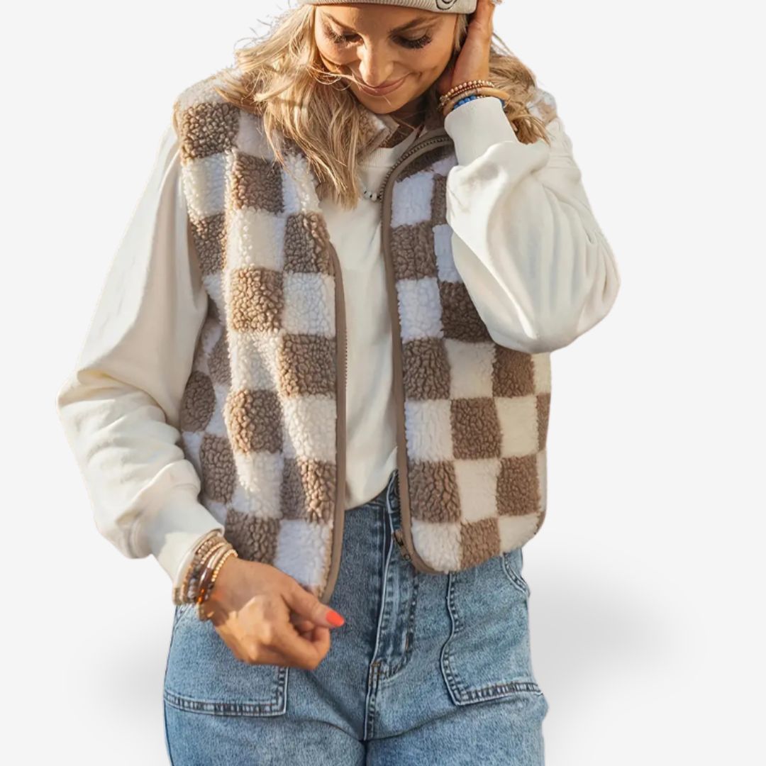 Women's Checkered Teddy Vest Warm