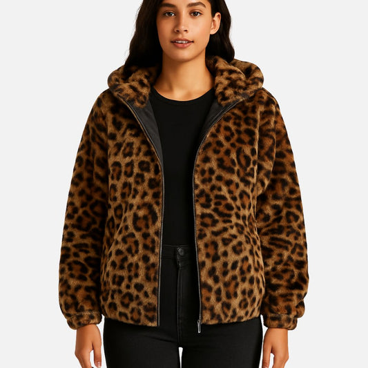 Women’s Warm Leopard Print Jacket – Soft Fleece Cardigan