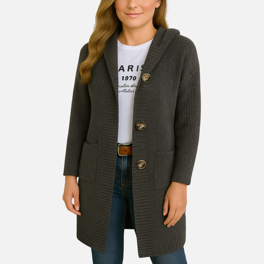 Women’s Long Knit Jacket – Button-Up Hooded Jacket Coat