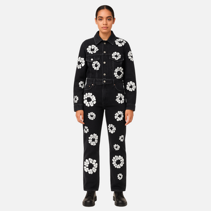 Women's Denim Flowers Outfit – Floral Jacket & Pants Set