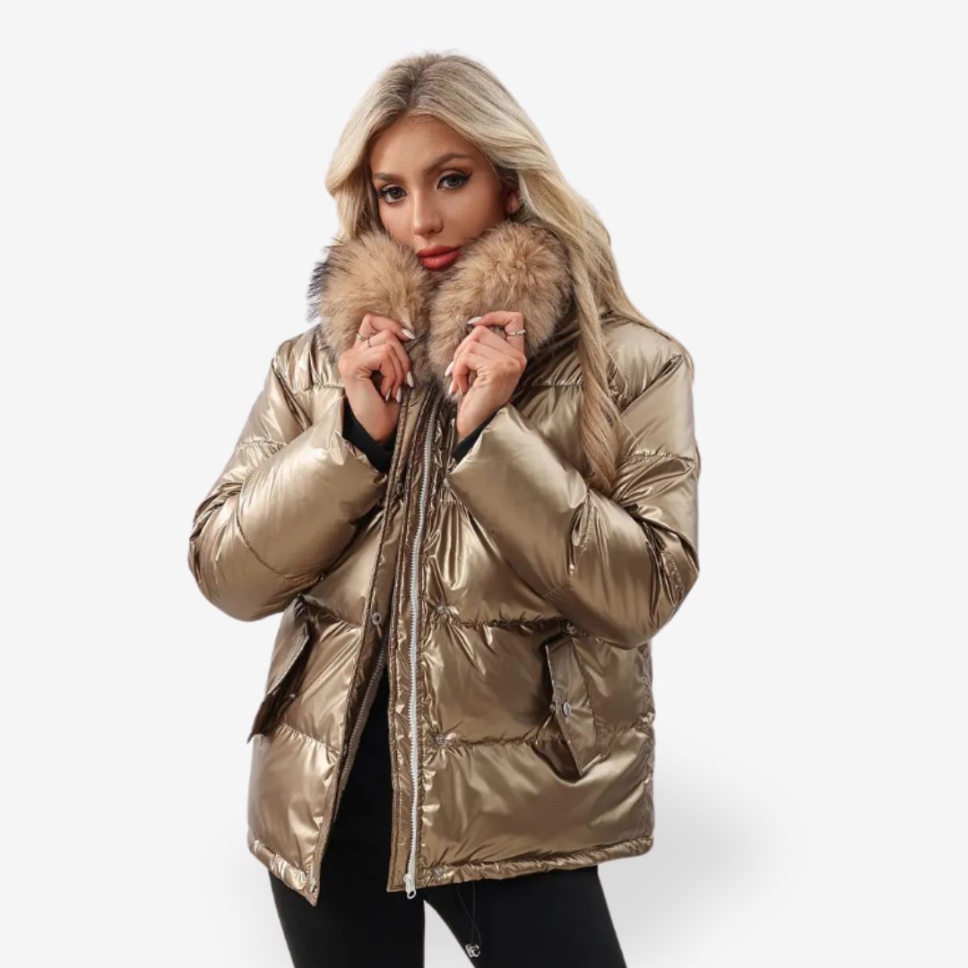 Gold-Colored Women’s Warm Puffer Jacket with Faux Fur Collar