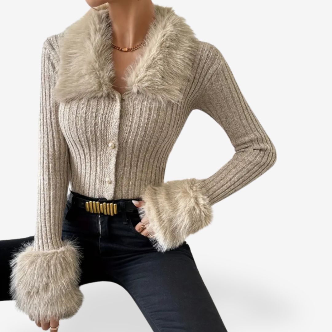 Women’s Knitted Cardigan with Faux Fur Collar Warm