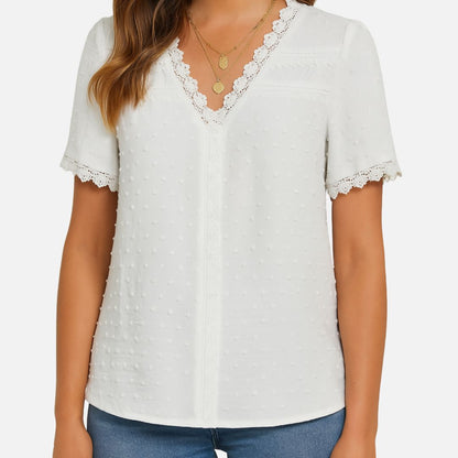 Women's White V-Neck Summer Blouse - V-Neck Shirt