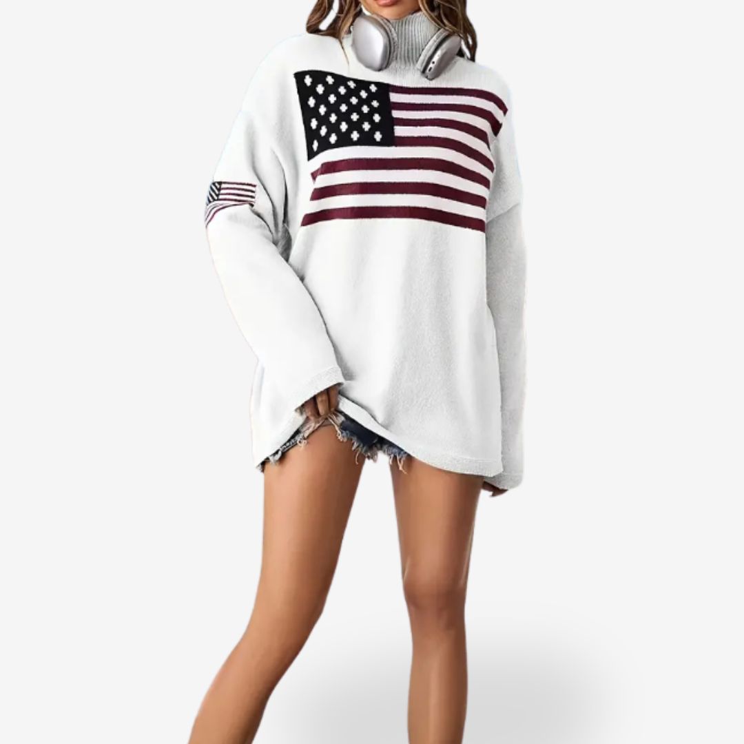 Women's Warm and Oversized American Flag Turtleneck Sweater