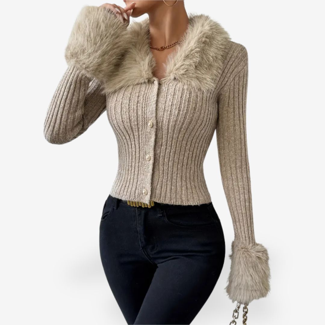 Women’s Knitted Cardigan with Faux Fur Collar Warm