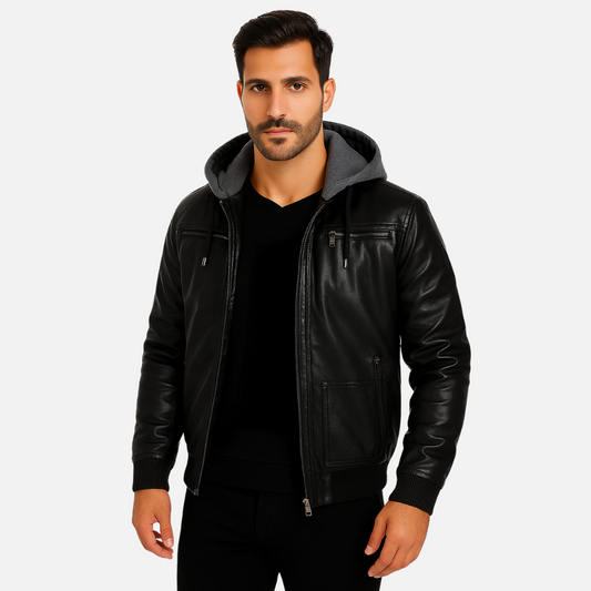 Men's Faux Leather Jacket - Hooded Bomber Jacket