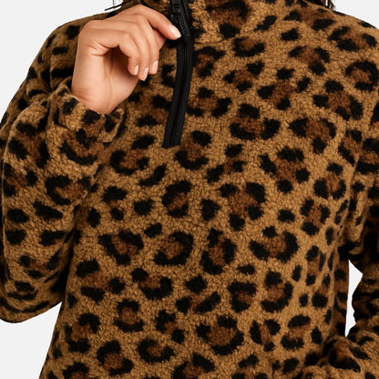 Women’s Leopard Print Half-Zip Sweater – Warm Pullover