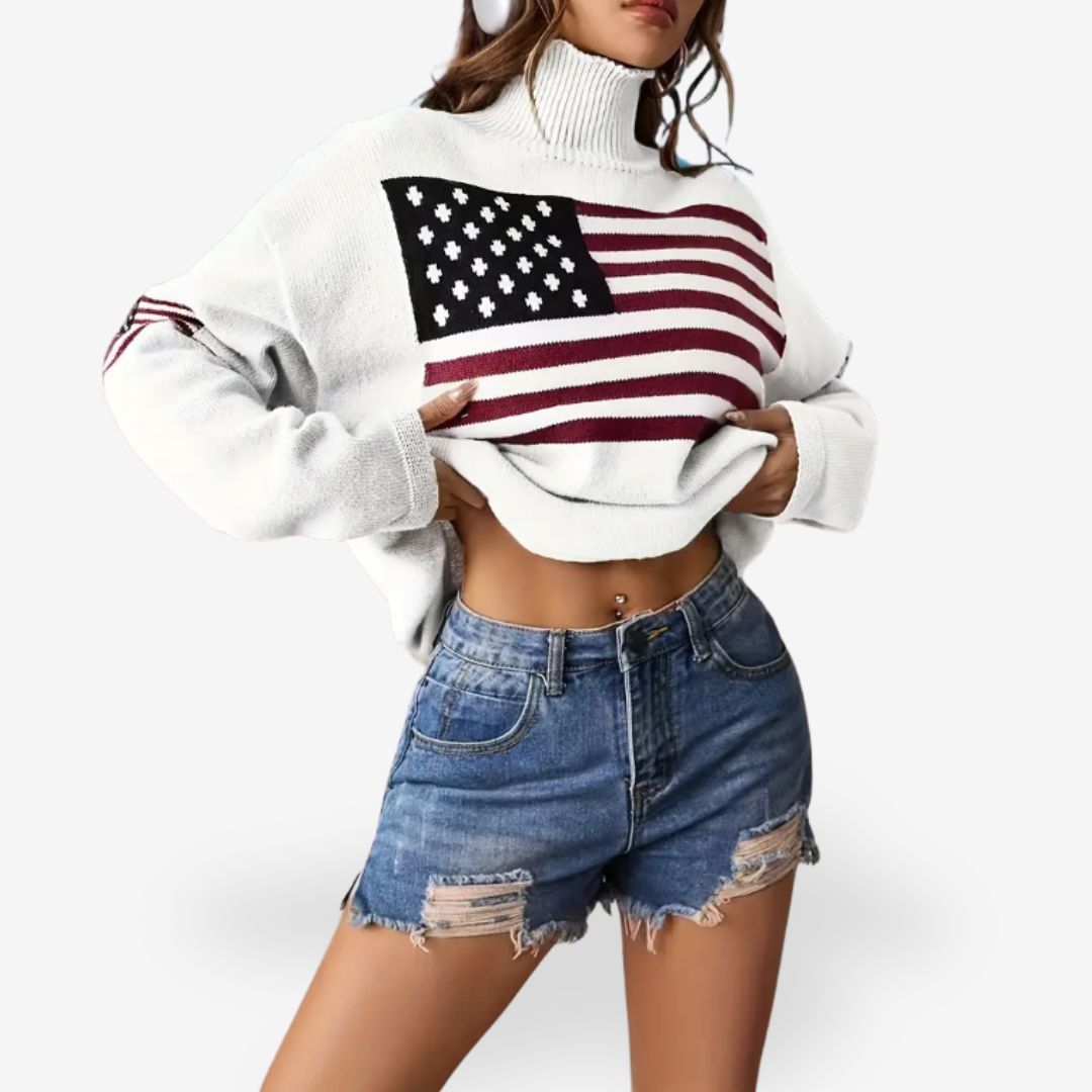 Women's Warm and Oversized American Flag Turtleneck Sweater