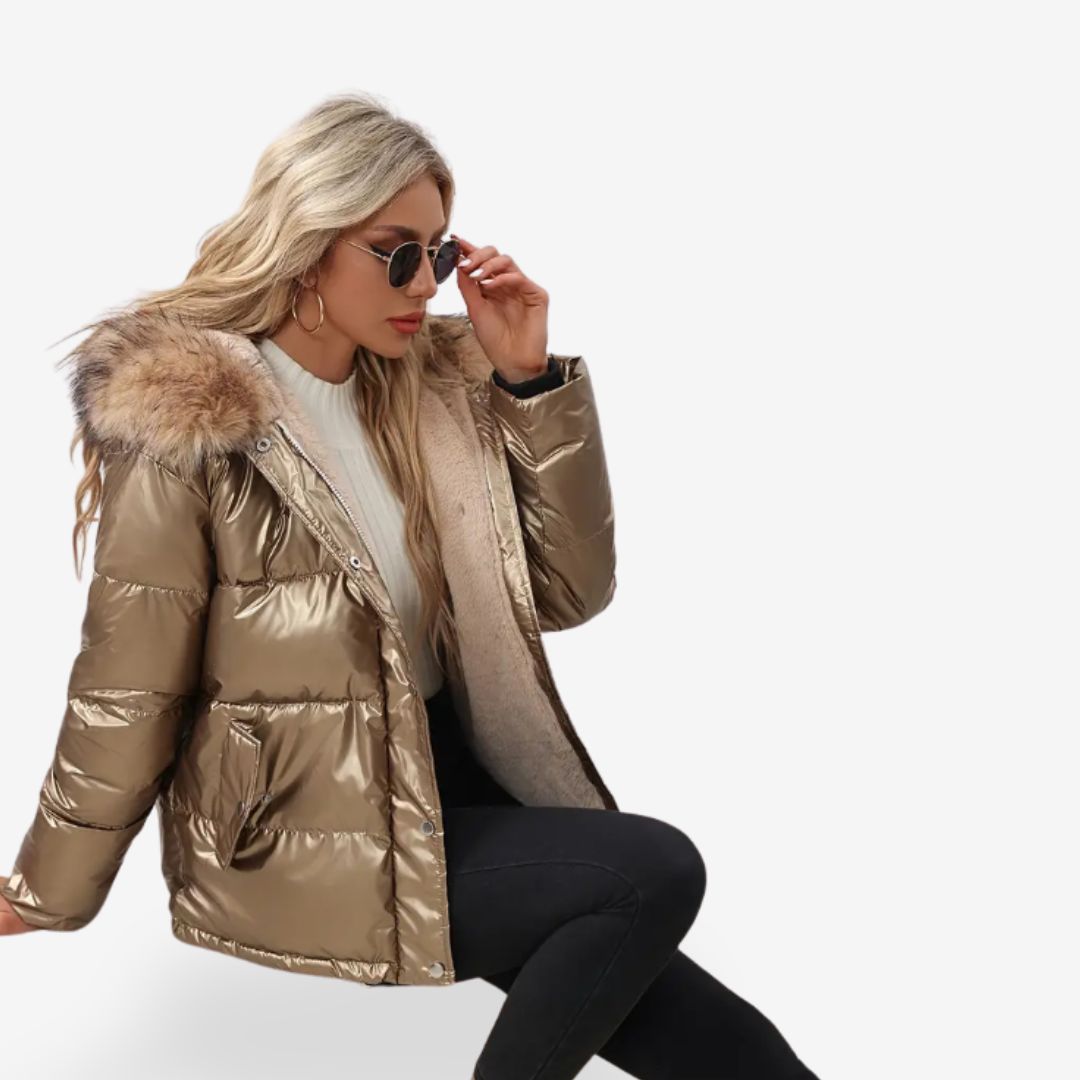 Gold-Colored Women’s Warm Puffer Jacket with Faux Fur Collar