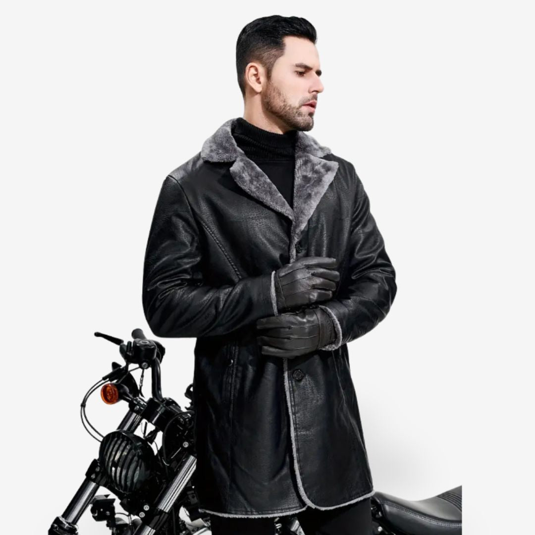 Men’s Faux Leather Trench Coat with Wool Lining and Collar