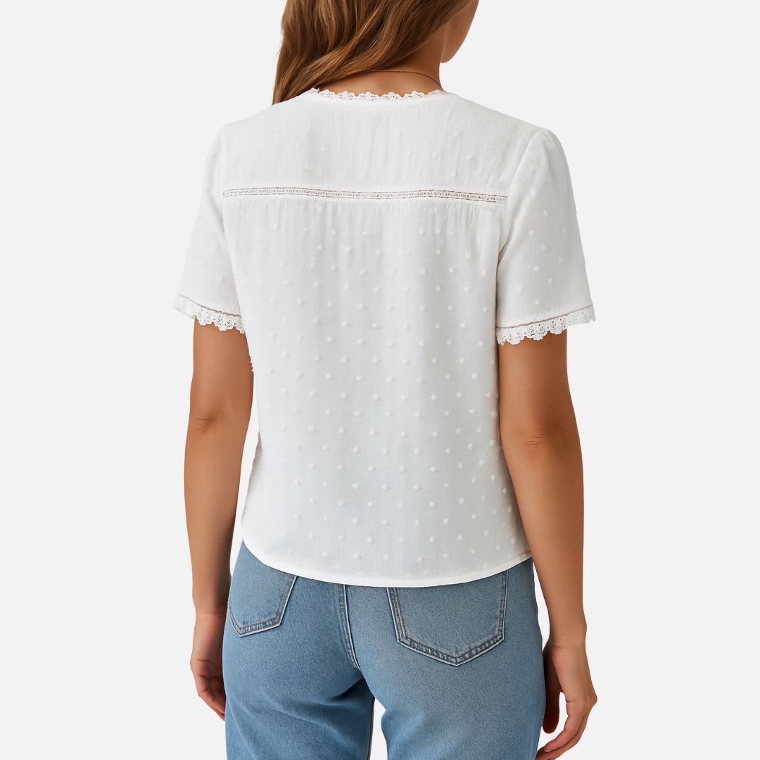 Women's White V-Neck Summer Blouse - V-Neck Shirt