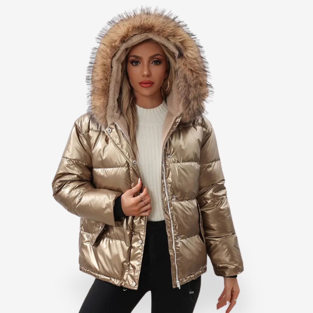 Gold-Colored Women’s Warm Puffer Jacket with Faux Fur Collar