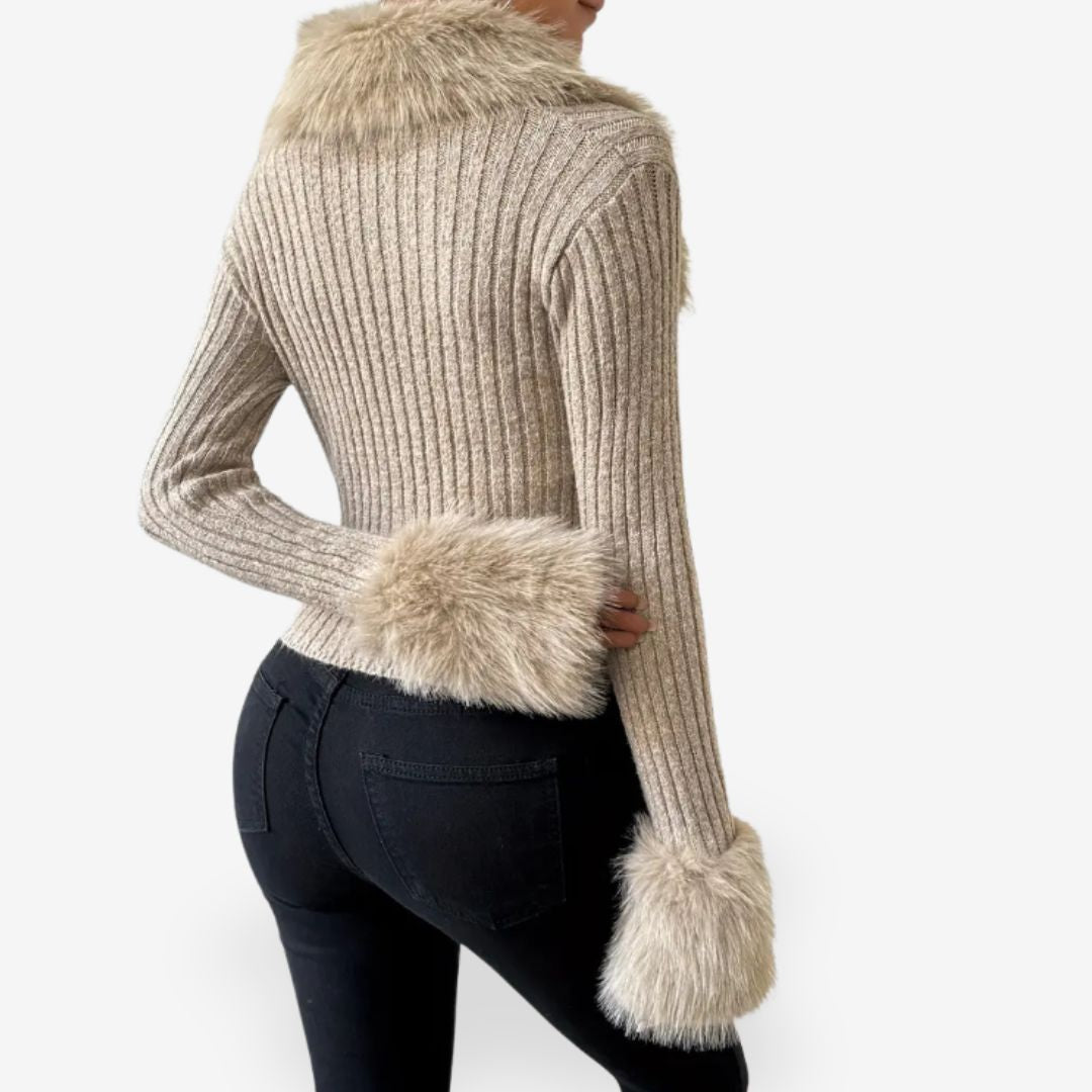 Women’s Knitted Cardigan with Faux Fur Collar Warm