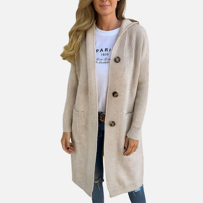 Women’s Long Knit Jacket – Button-Up Hooded Jacket Coat