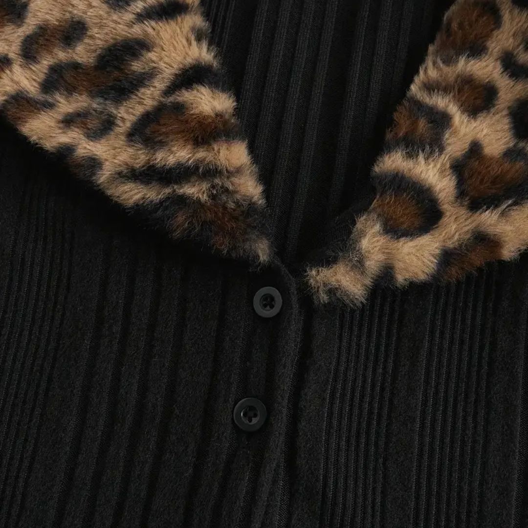 Women’s Panther Print Tie-Front Cardigan with Collar