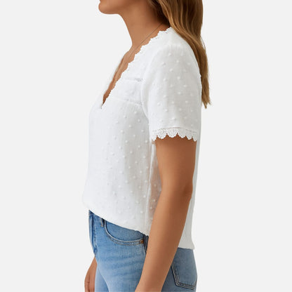 Women's White V-Neck Summer Blouse - V-Neck Shirt