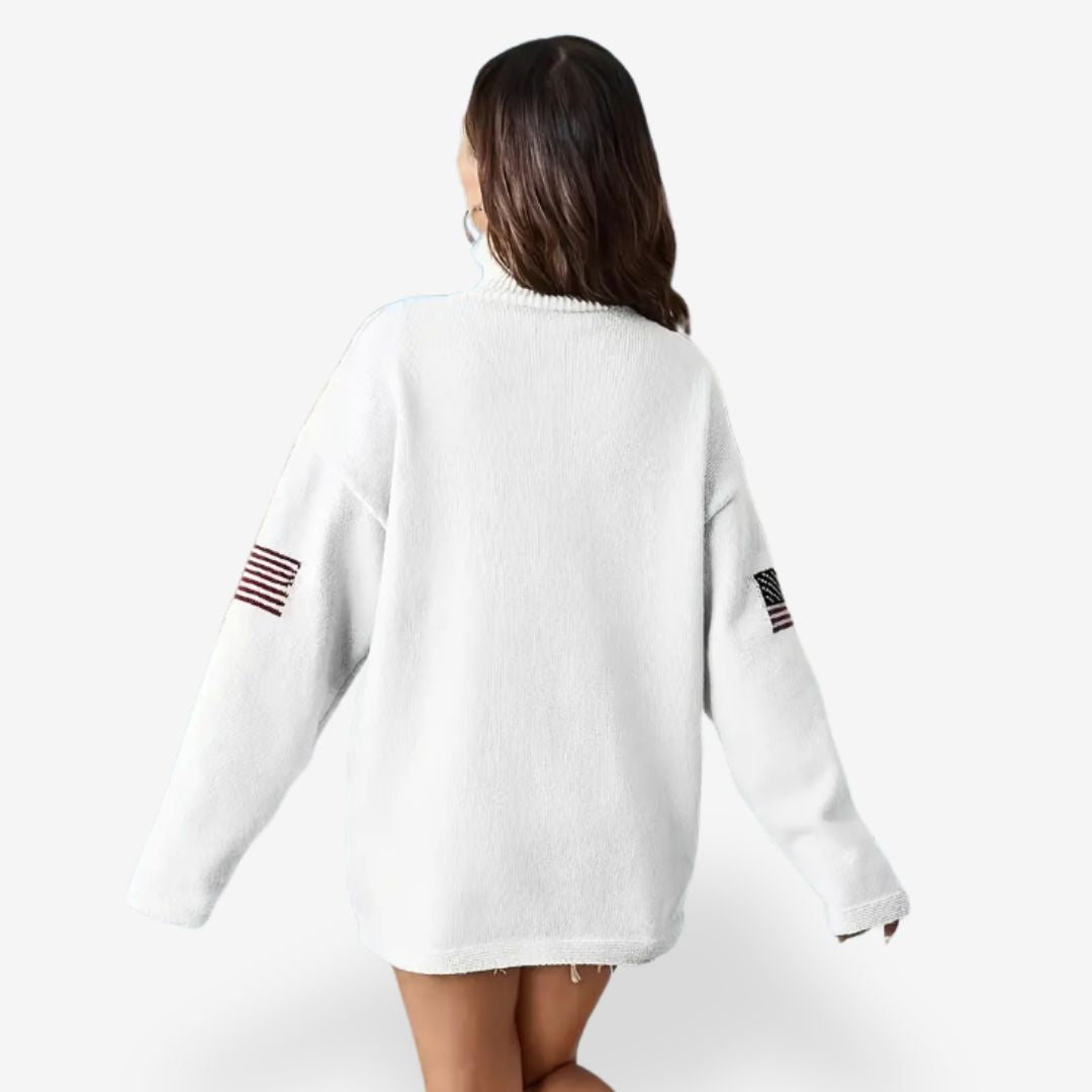 Women's Warm and Oversized American Flag Turtleneck Sweater