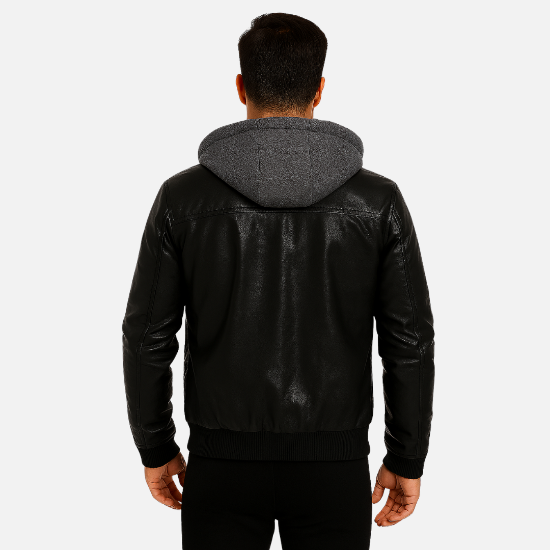 Men's Faux Leather Jacket - Hooded Bomber Jacket