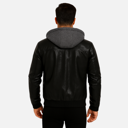 Men's Faux Leather Jacket - Hooded Bomber Jacket