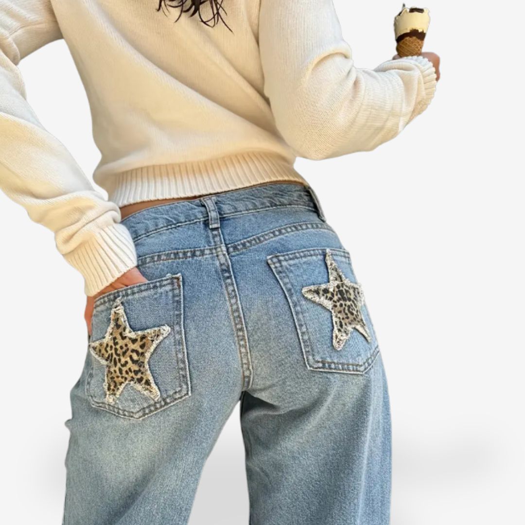 Vintage Style Women’s Denim Jeans with Panther Print Stars